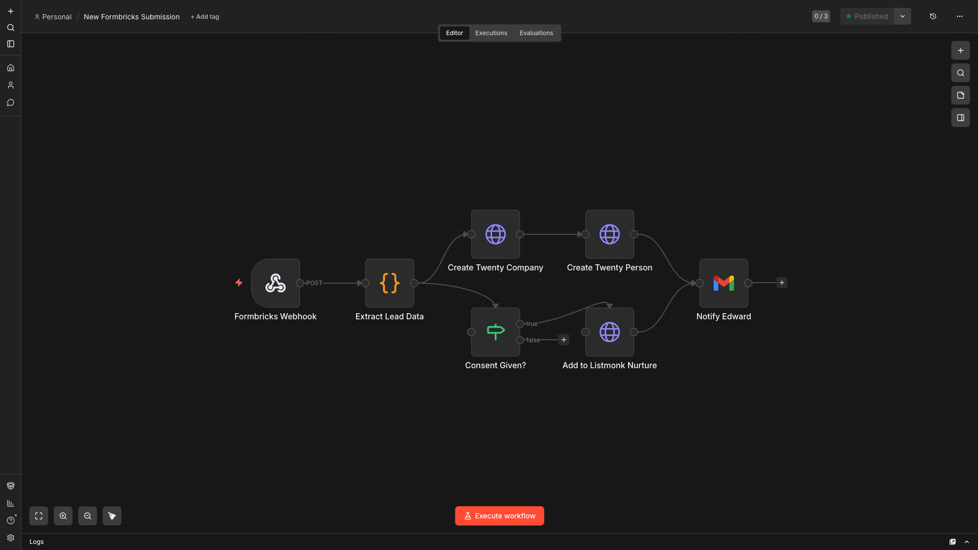 Lead routing workflow in the n8n editor